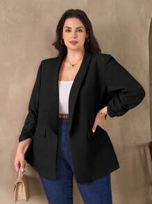 SHEIN Clasi 粉色大码女式西装外套，优雅的通勤和商务装扮，商务休闲女士大码女式西装外套大码女式西装外套大码办公室服装女士西装外套大码办公室服装女士大码秋冬西装外套 - 黑色 - 查看 4