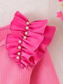 Rochie drăguță din plasă roz cu decor de perle, mânecă lungă, stil prințesă, confortabilă, toamnă/iarnă
