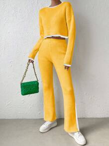 Chiquease 2pcs Contrast Trim Round Neck Long Sleeve Top And Split Hem Pants Knit Set Knitted Sweater Clothes For University - Mustard Yellow - View 5