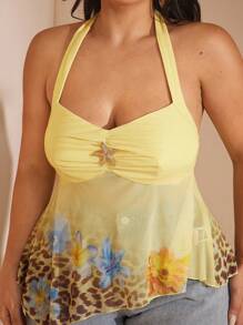 SHEIN BAE Plus Size Spring/Summer Solid Yellow, Leopard Print, Floral Printed Halter Neck Cami Top, Vacation Wear, Halloween