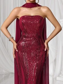 Coutiva 奢华晚礼服，绣花亮片舞会礼服，高端优雅淑女风格 - 酒紅色 - 查看 7