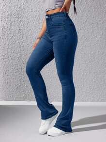 EURMUSE 女式口袋紧身休闲百搭牛仔裤 - 中等水洗藍 - 查看 5