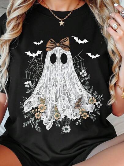 SHEIN Unity Summer Casual Halloween Ghost Print Short Sleeved T-Shirt, Halloween T-Shirt