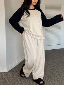 Dazy Plus 2-częściowy zestaw piżamowy dla kobiet w dużych rozmiarach, z luźnym krojem, z długim rękawem i spodniami, w blokach kolorów, odzież domowa, ubrania jesienno-zimowe, przytulne stylizacje