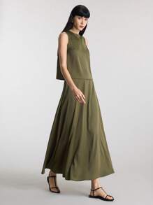 Ontre 夏季女士办公室休闲宽松都市风格，2025 年新款，优雅通勤，军绿色，吊带背心上衣和裙子套装 - 軍綠色 - 查看 2