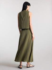 Ontre 夏季女士办公室休闲宽松都市风格，2025 年新款，优雅通勤，军绿色，吊带背心上衣和裙子套装 - 軍綠色 - 查看 5