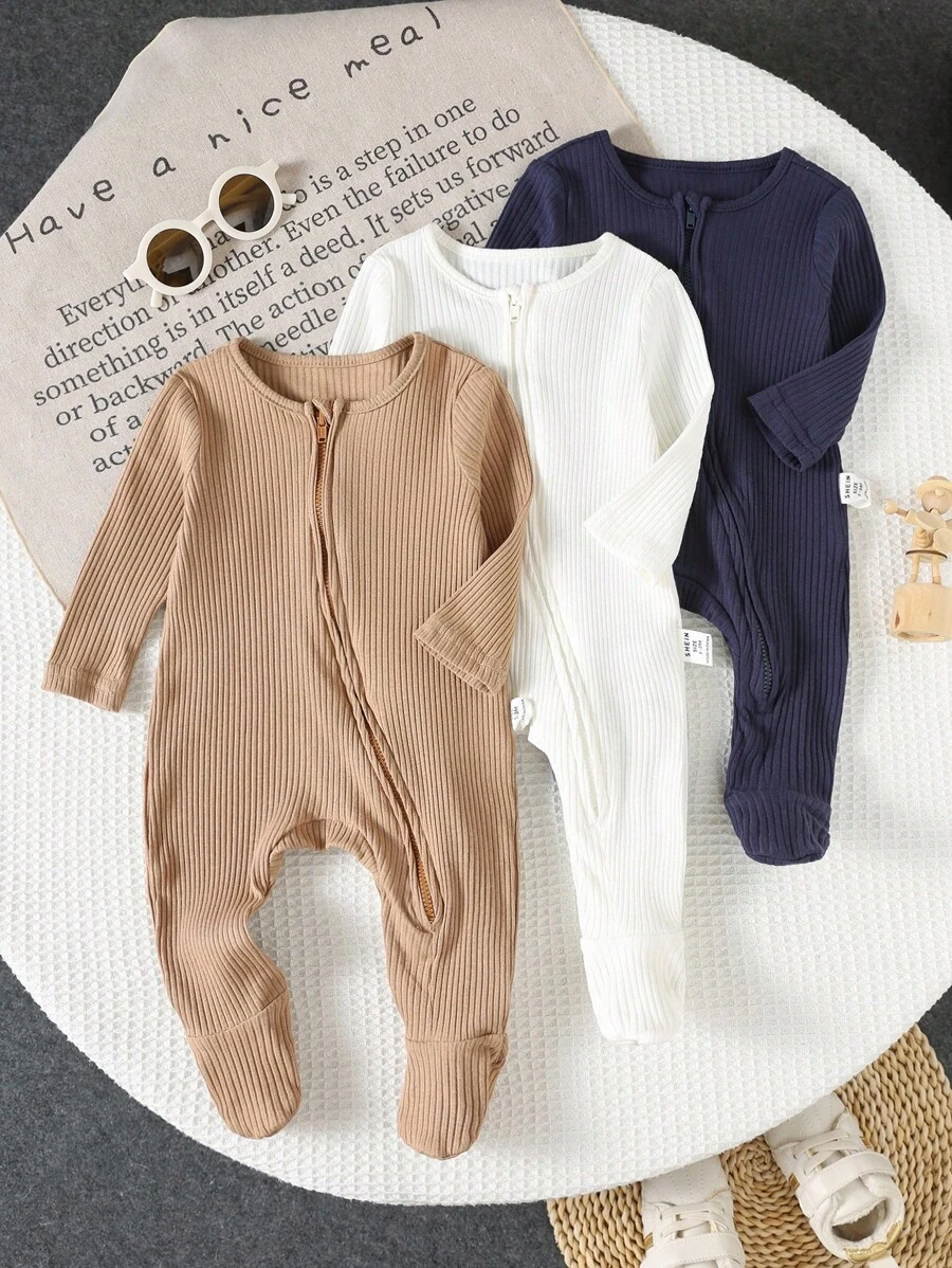 Set de 3 piezas Mameluco/Enterizo de punto acanalado con cuello redondo, manga larga y cremallera delantera para bebé recién nacido niño, suave y cómodo - Multicolor - Ver 1