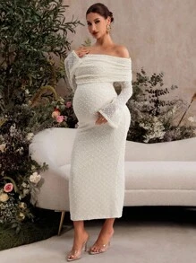 MaterniChic Fall Clothes,Autumn Clothes,Maternity Autumn/Winter Clothes Maternity Maternity Solid Color Pleated Off Shoulder Long Sleeve Fitted Elegant Dress Maternity Baby Shower Dress Pregnancy Photoshoot Dress Off Shoulder White Dress Maternity Dress Maternity Photoshoot Dress White Maternity Dress