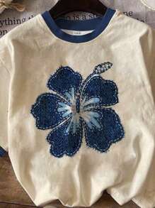 SHEIN EZwear Casual Floral Print Loose Fit Round Neck Short Sleeve T-Shirt For Women, Suitable For Autumn/Winter