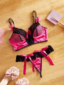 FairyFlirt Satin Princess Style Bra+Lace Contrast Bow Decorated Thong Set, Lovely Dusty Pink Clash Black, Feminine Lingerie Set