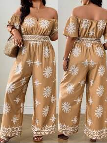 SHEIN LUNE Bộ đồ liền thân tay ngắn hở vai in họa tiết cỡ lớn có dây rút ở eo, mặc ngoài trời thường ngày - Nhiều màu - Xem 7