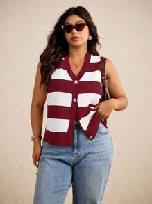 Elaquor Plus Size Fall Casual Colorblock Striped Knit Vest,Fall Clothes For Women Autumn