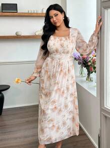 Modelyn 大码女式优雅花卉印花连衣裙 - 杏色 - 查看 2