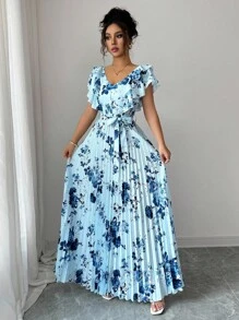 Lyxana V-Neck Digital Print Vacation Style Ruffle Waist A-Line Elegant Romantic Women Dress - Multicolor - View 5