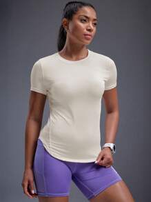 Powerista Solid Color Fitted Round Neck Asymmetric Hem Short Sleeve Athletic T-Shirt Gym Women Shirts - Beige - View 5