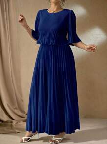 Roveilla Plus Size Elegant Lady Solid Color Pleated Chiffon Dress, Spring & Summer - Navy Blue - View 4