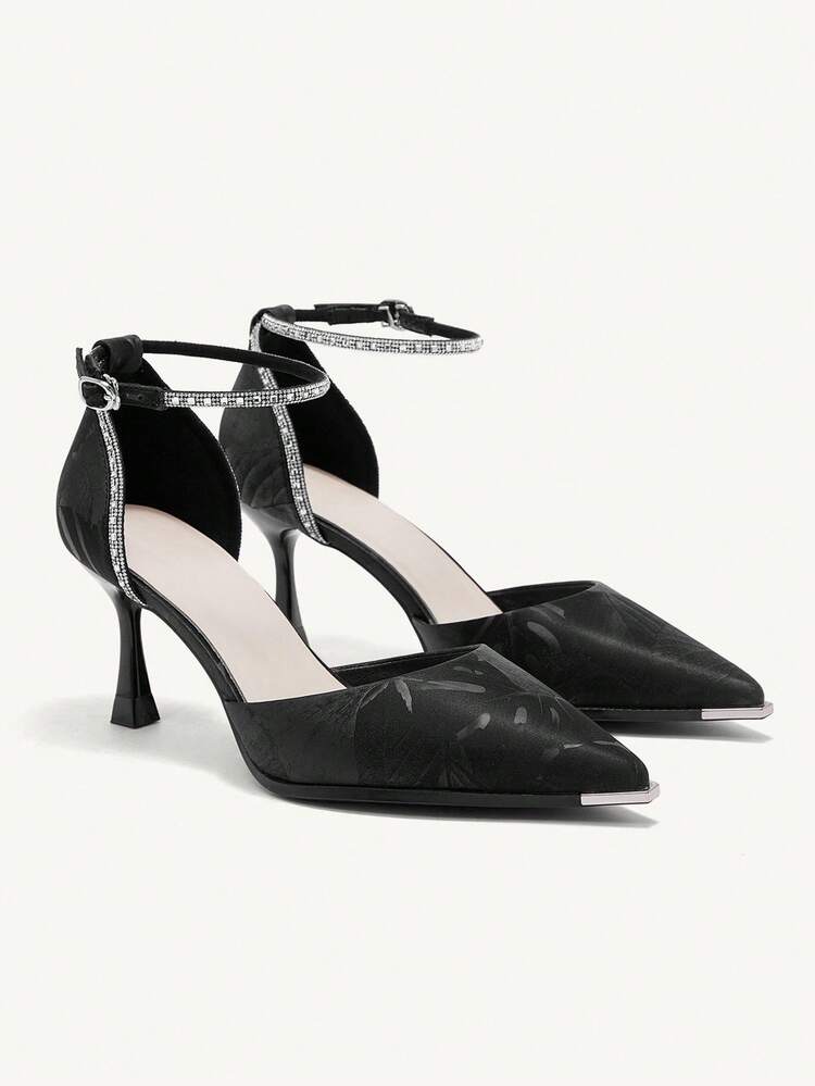 CUCCOO CHICEST Women's Pointed Toe Rhinestone Ankle Strap Metal Toe High Heel Sandals, Elegant Chinese Style Retro Formal Party Dress Shoes, Black