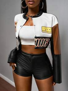 Slaydiva Chaqueta corta de carreras de mujer con cuello redondo, manga larga y estilo casual de motocicleta para otoño e invierno - Multicolor - Ver 6