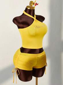 Amplova Bộ 2 chiếc áo yếm đính đá cỡ lớn cho nữ và quần short mini có dây rút - Màu vàng - Xem 7