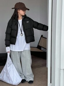 DAZY Abrigo acolchado de unicolor con bloques de color y rayas casual para niñas preadolescentes, invierno - Negro - Ver 6