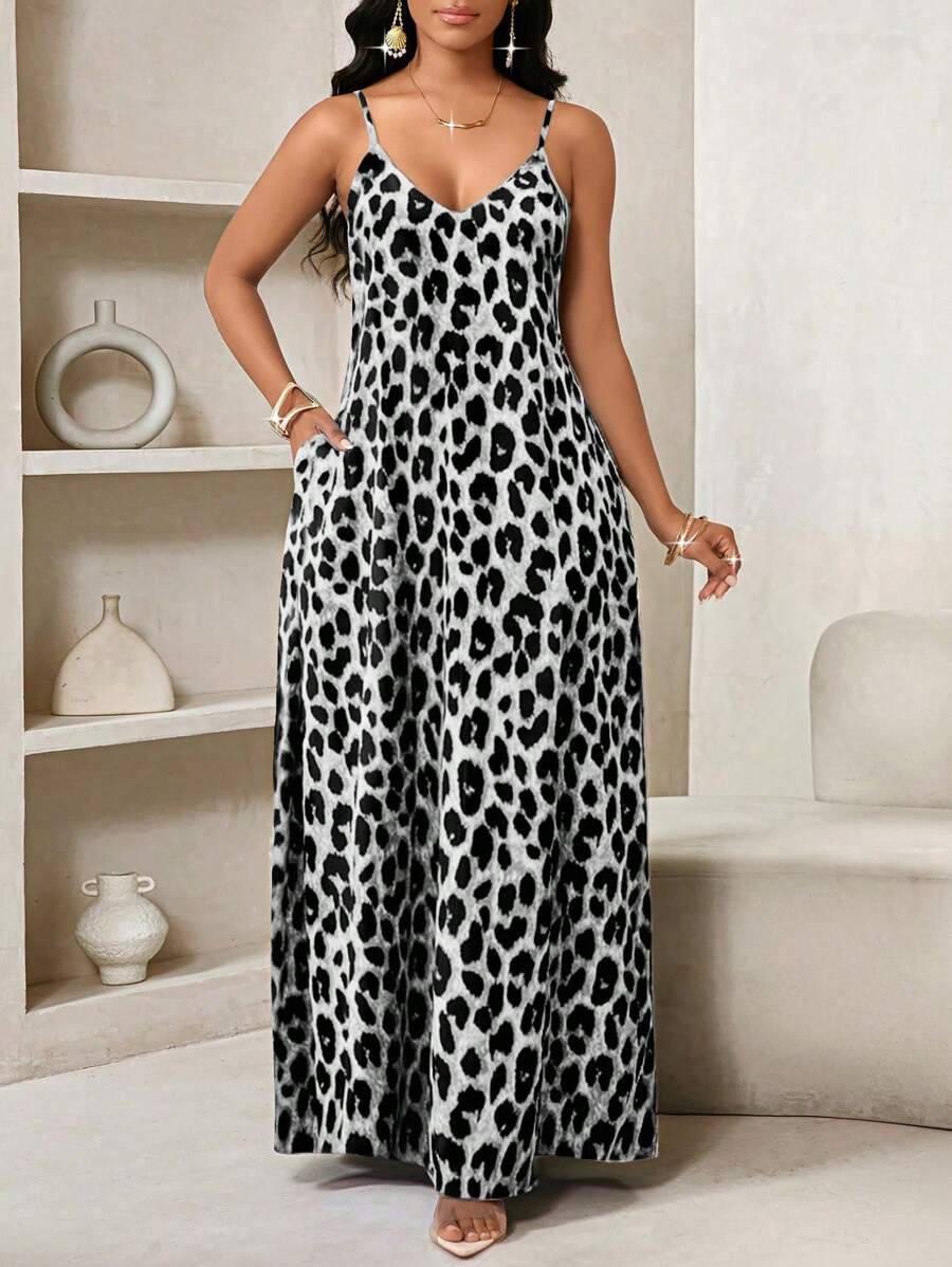 SHEIN Lady 豹纹女式长裙 女士波西米亚风露背女式宽松长裙 女士连衣裙 宽松露肩生日和活动礼服/节日礼服 度假服装 女士波西米亚风/波西米亚风女装 吊带上衣 非洲女装 女士连衣裙 女士夏季热带连衣裙 新品 女士连衣裙 沙滩裙 复活节连衣裙/女士复活节连衣裙/女士复活节服装 女士夏季连衣裙