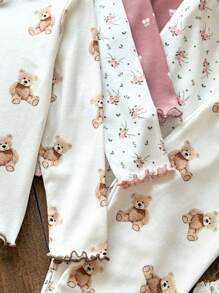Emery Rose Kids Emery Rose Kids 6件組少女花朵與熊圖案針織睡衣套裝，粉色冬季仙女風居家休閒睡衣，圓領長版兒童秋季睡衣 - 彩色 - 查看 4