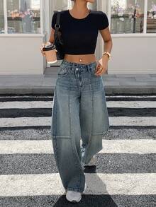 DAZY Women's Asymmetrical Waistline Design Loose Banana Pants With Split Details, Casual Street Style Jeans - Light Wash - View 5