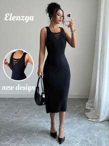 Elenzga Women's V-Neck Sleeveless Tassel Knit Sweater Dress, Elegant Versatile For Vacation, Holiday, All Season