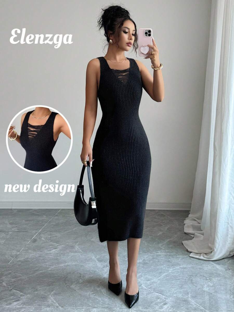 Elenzga Women's V-Neck Sleeveless Tassel Knit Sweater Dress, Elegant Versatile For Vacation, Holiday, All Season