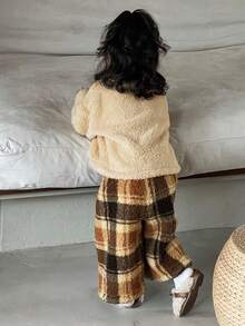 DAZY 2pcs Baby Girls' Sherpa Embroidered Crew Neck Top And Plaid Casual Pants Homewear Set Toddler Girls Clothes - Apricot - View 2