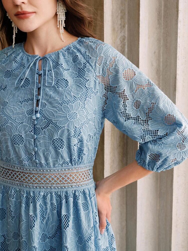 French Elegant Lace-Up Lace Hollow Out 3/4 Sleeve Dress For Women, Elegant Office Dress, Western Outfits For Women, Boho Women's Clothing