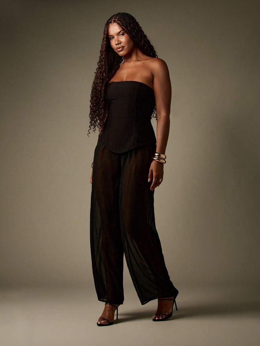 MISSGUIDED Tuta elegante da sera con corpetto a fascia senza spalline, pantaloni in chiffon trasparente e gamba ampia, bustier, adatta per occasioni formali e feste