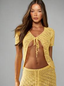 MISSGUIDED Cardigan de crochê com amarração frontal, saída de praia estilo boho, suéter de malha, roupa de praia para festivais de verão, resort, férias, moda primavera - Amarelo - Ver 6