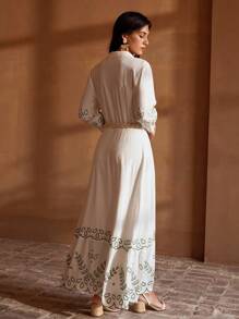 MOTF PREMIUM 夏季女士亚麻刺绣度假腰带衬衫裙