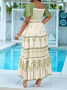 SHEIN Lady Spring, Summer, Autumn And Winter Woven Green Bohemian Print Holiday Print Elastic Top Short Lotus Sleeve Waist Large Swing Plus Size Long Dress   Wedding Guest Dress Women Back To School Fall Women Clothes Teacher Outfits For Women Business Casual Woman Office Outfits For Women Elegant Dresses For Women Work Clothes Women Teacher Vintage Vacation Outfits Women Vacation Boho - Multicolor - View 2