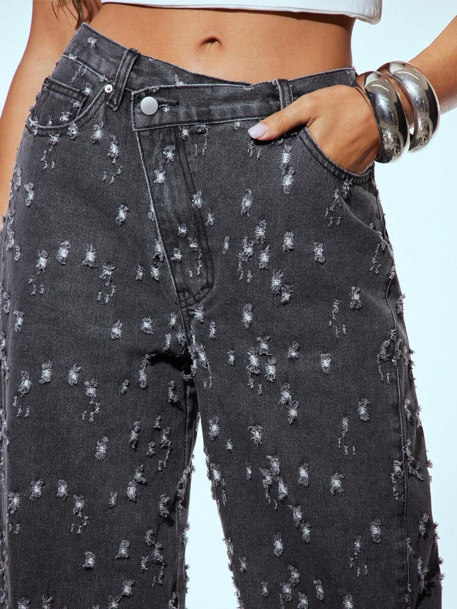 Denimoi Asymmetrical Waist Distressed Wide Leg Denim Jeans, Paneled Wide Leg Jeans, Distressed Jeans, Fashionable, Streetwear, Street Style - Black - View 1