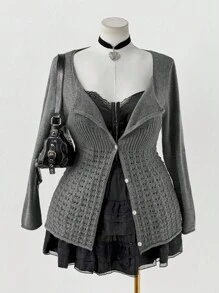 Sunspun 大码纯色复古钩针纽扣开衫 - 灰色 - 查看 1