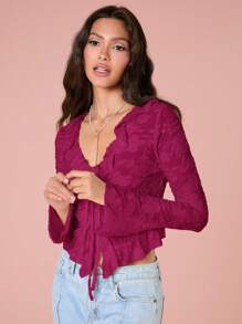 Enchnt Camiseta de manga larga con volantes en el bajo y lazada al frente de unicolor para mujer, de moda - Burdeos - Ver 5