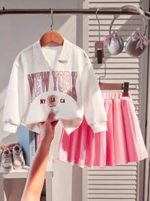 SHEIN Explorewe Girls Letter Print Long Sleeve Hooded Jacket And Solid Color Pleated Skirt 2-Piece Set - White - View 1