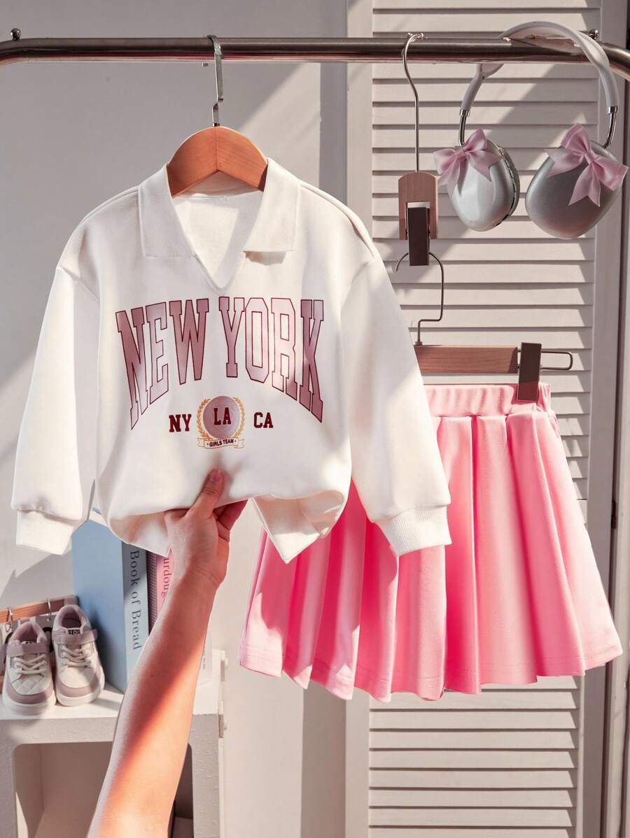 SHEIN Explorewe Girls Letter Print Long Sleeve Hooded Jacket And Solid Color Pleated Skirt 2-Piece Set - White - View 1