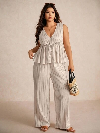 Elaquor Plus Size Casual Vacation Striped Sleeveless A-Line Dress Shirt And Straight Leg Casual Pants 2 Pieces Set