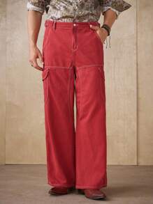 RivetRise Men's Loose Fit Wide Leg Adjustable Waist Split Design Red Jeans, Spring/Summer - Red - View 2