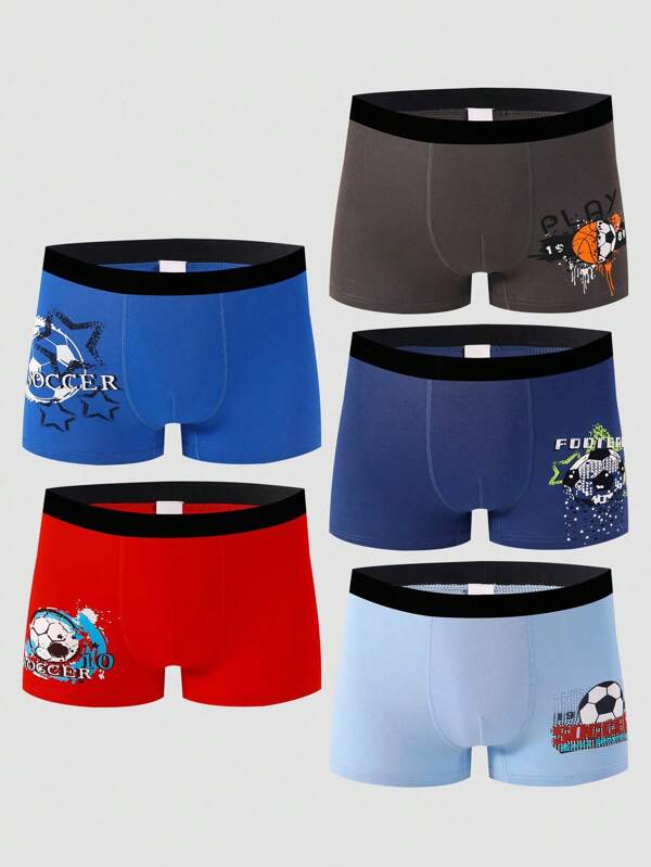 5pcs/Pack Boys' Colorful Football Printed Soft Cotton Briefs