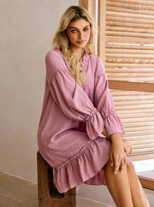 Lullawish فستان نوم نسائي فضفاض بياقة على شكل حرف V وأكمام طويلة وكشكشة، لون أحادي - وردي مغبر - مشاهدة 1