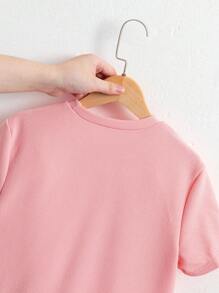 少女蝴蝶装饰条纹荷叶边下摆短袖休闲连衣裙 - 粉色 - 查看 6