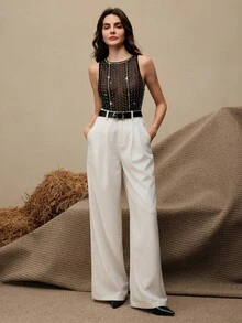 Anewsta Nuovo top canotta senza maniche per donna, vintage di lusso ed elegante, in chiffon con perline e rete, ringiovanente - nero - Visualizzare 3