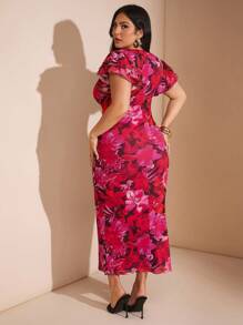 SHEIN BAE 大码女式优雅花卉印花修身连衣裙，夏季 - 粉色 - 查看 7