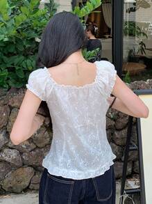 DAZY Women's Summer V-Neck Frill Trim Fitted Short Sleeve T-Shirt - White - View 2