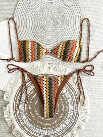 Swim Vcay 2 pièces Ensemble de plage pour femme, Top en tricot unique texturé creux et pantalon avec cordon de serrage sur les deux côtés, ensemble de maillot de bain bikini