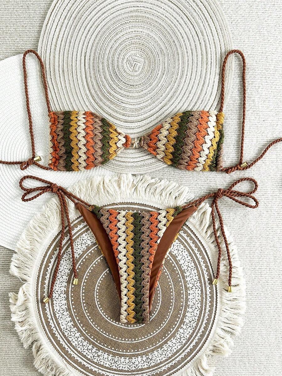 Swim Vcay 女士夏季 2 件套沙滩套装，独特纹理镂空针织面料上衣和裤子，两侧带抽绳，泳装比基尼套装